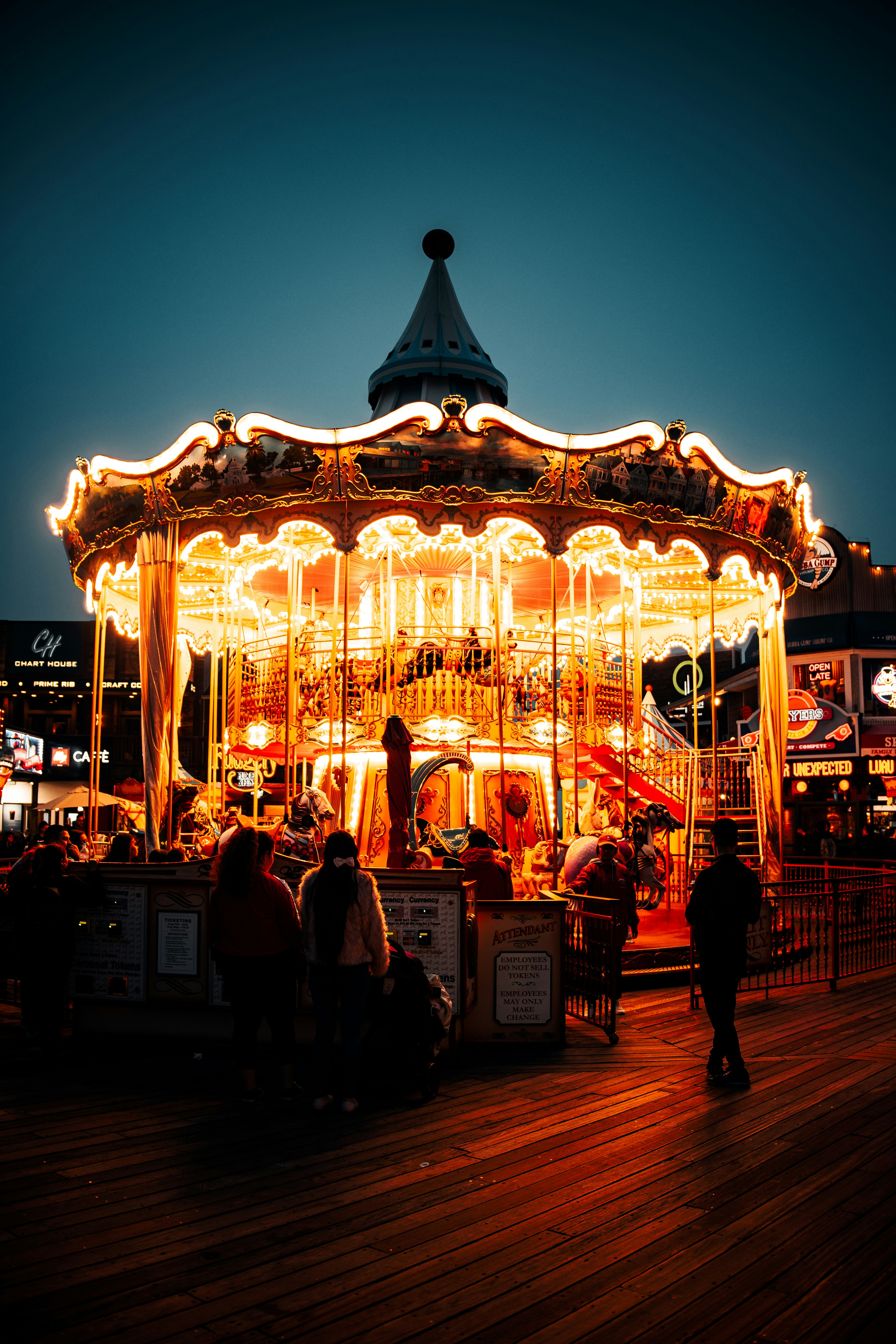 people standing near lighted carousel during night time